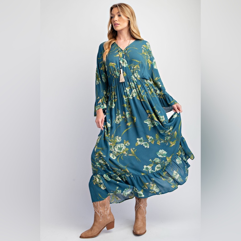 NWT easel  Medium Teal Floral Long Sleeve Midi/Maxi Dress